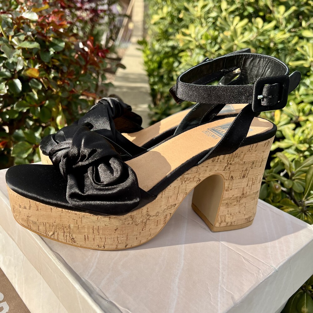 NWT Crosswalk Fauver Cork Wedge Heels Black Satin Bow Block Sandals Size 39 8.5 - Picture 6 of 7